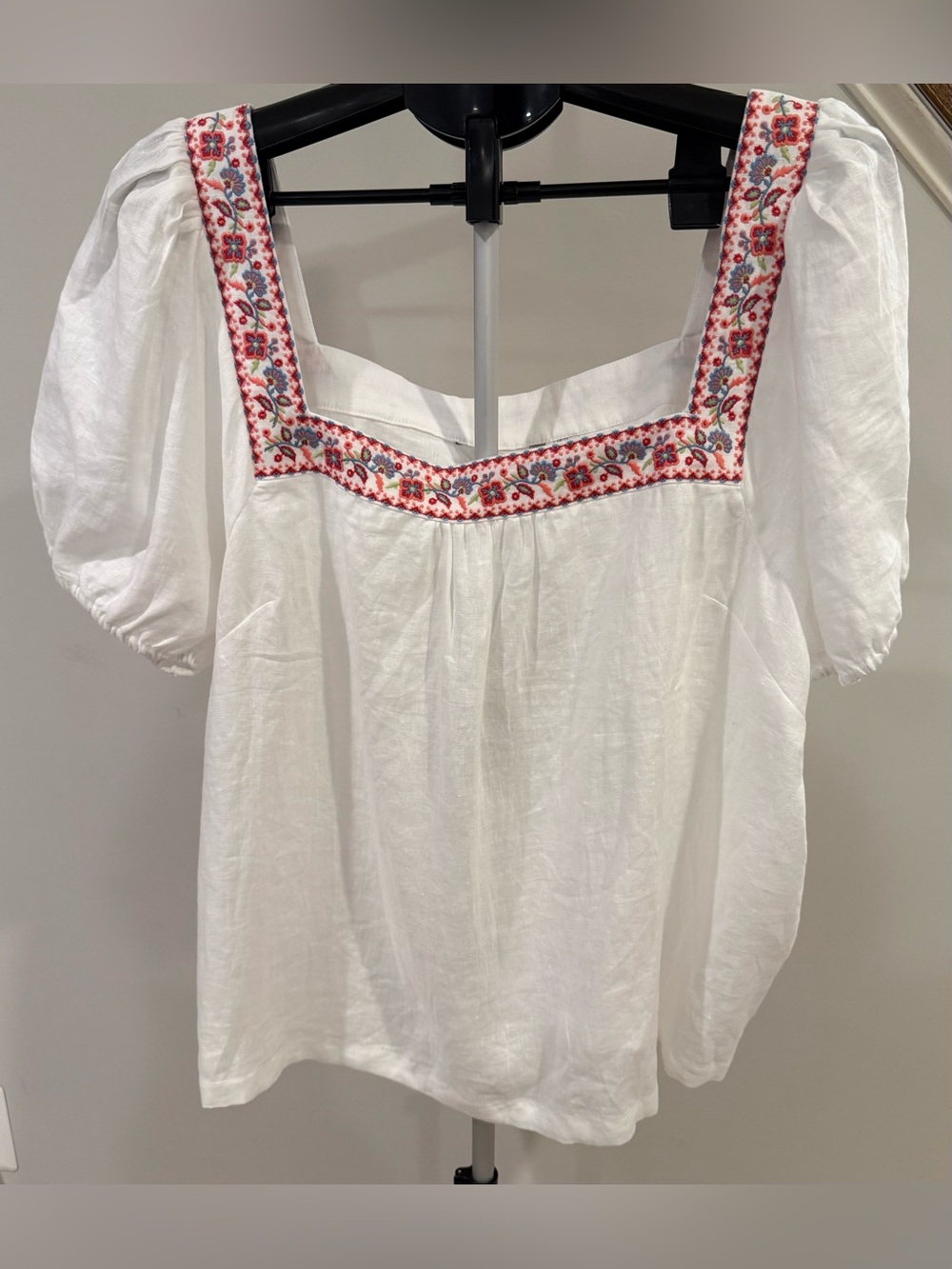 Boden White Square-Neck Linen Puff Sleeve Top Embroidery US 20/22 NWT